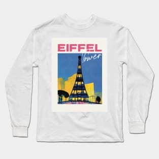 Eiffel Tower at Night Travel Poster Retro Wall Art Illustration Long Sleeve T-Shirt